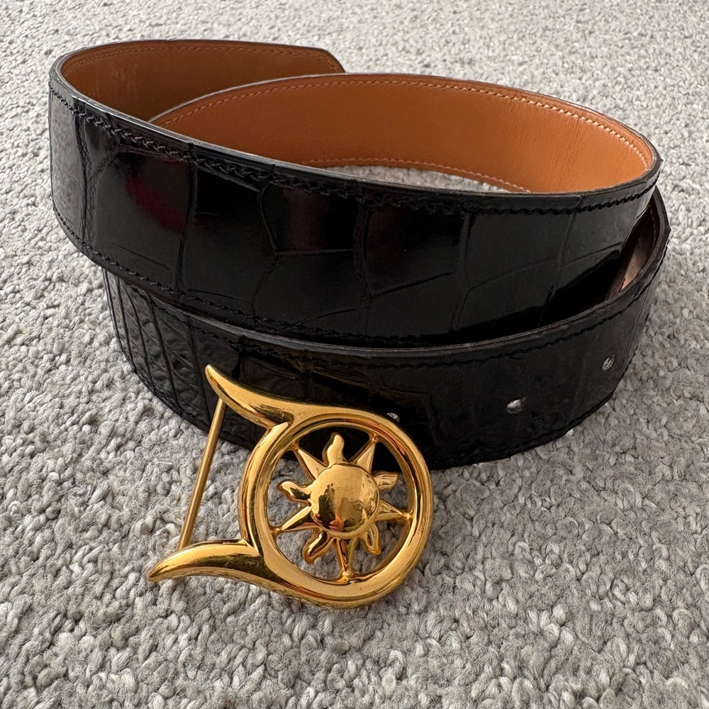 Authentic Hermes crocodile Gold Sunburst Buckle black belt